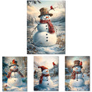 Set of four Christmas-themed paintings featuring a snowman in a snowy landscape.