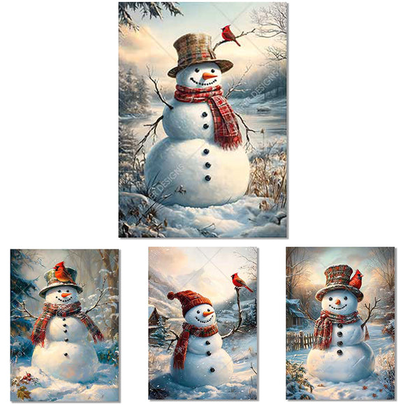 Set of four Christmas-themed paintings featuring a snowman in a snowy landscape.