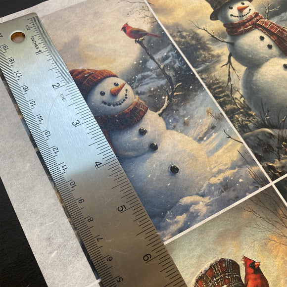 Collage of winter-themed images including snowmen and cardinals, with a ruler for scale.
