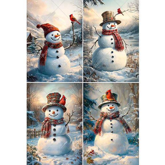 Four panels of a snowman with a red scarf and hat in a snowy landscape.