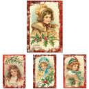 Close-up of a rice paper featuring four charming postcards of Victorian girls dressed for Christmas and by festive greenery each framed with festive red borders.
