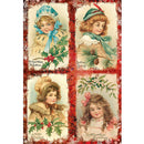 Rice paper featuring four charming postcards of Victorian girls dressed for Christmas and surrounded by festive greenery each framed with festive red borders.