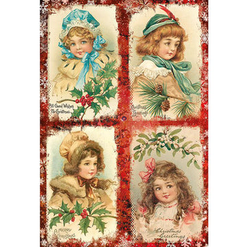 Rice paper featuring four charming postcards of Victorian girls dressed for Christmas and surrounded by festive greenery each framed with festive red borders.