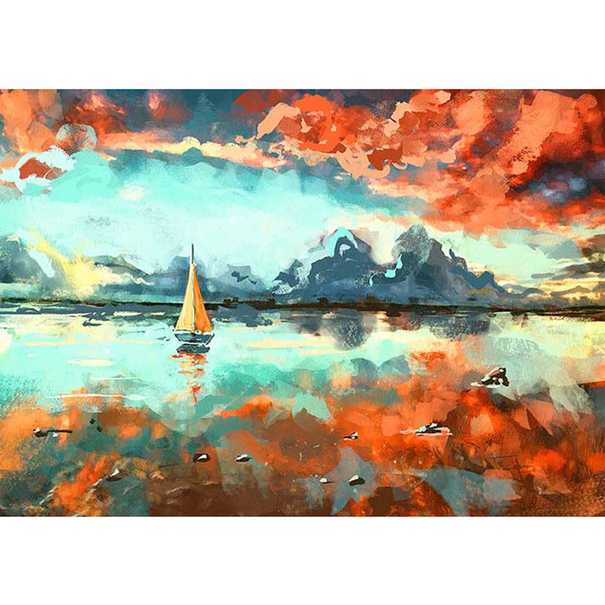 Rice paper design featuring a sailboat floating on the tranquil water against a vibrant orange sunset. White borders are on the top and bottom.