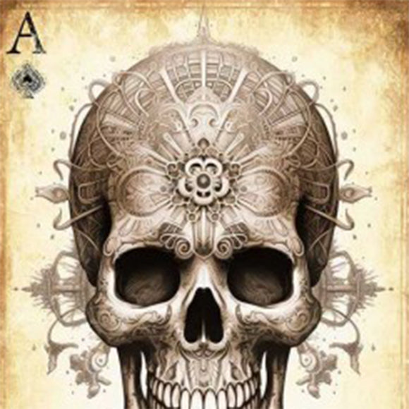 Close-up view of the 'Ace of Bones' decoupage paper by Paper Designs Italy, featuring an intricately detailed skull with symmetrical, ornamental patterns and a vintage, distressed background. The upper corner displays an 'A' and spade symbol.
