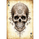 Full sheet of 'Ace of Bones' decoupage paper from Paper Designs Italy, showcasing a highly detailed skull design adorned with filigree-like patterns. The artwork is set against an aged, parchment-style background with 'A' and spade symbols in both top and bottom corners.