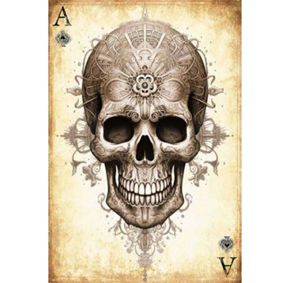 Full sheet of 'Ace of Bones' decoupage paper from Paper Designs Italy, showcasing a highly detailed skull design adorned with filigree-like patterns. The artwork is set against an aged, parchment-style background with 'A' and spade symbols in both top and bottom corners.