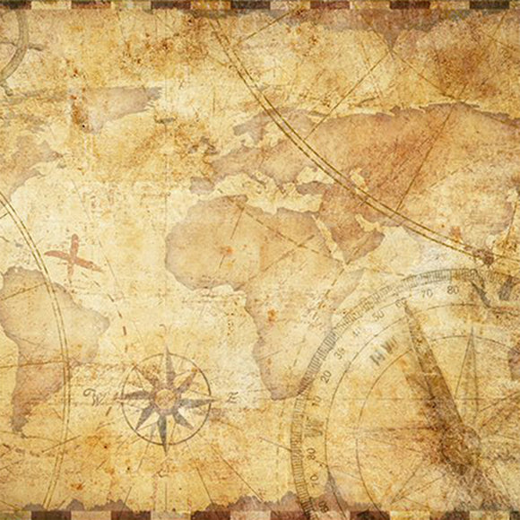 Close-up of a rice paper featuring an aged sepia-toned world map with faint designs of a compass and ship wheel.