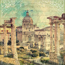 Close-up of a rice paper design featuring a vintage document background adorned with a stunning ancient Roman scene.