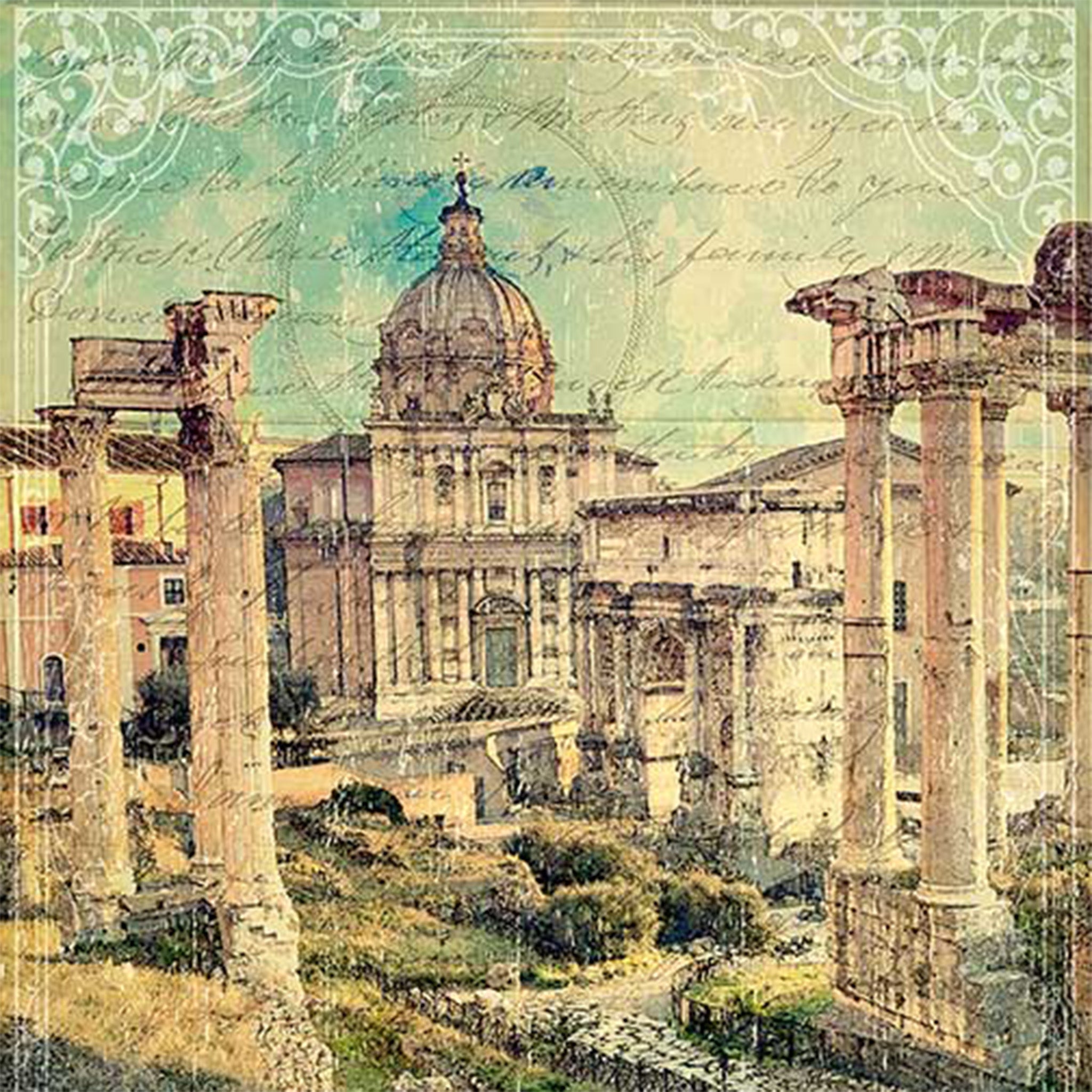 Close-up of a rice paper design featuring a vintage document background adorned with a stunning ancient Roman scene.