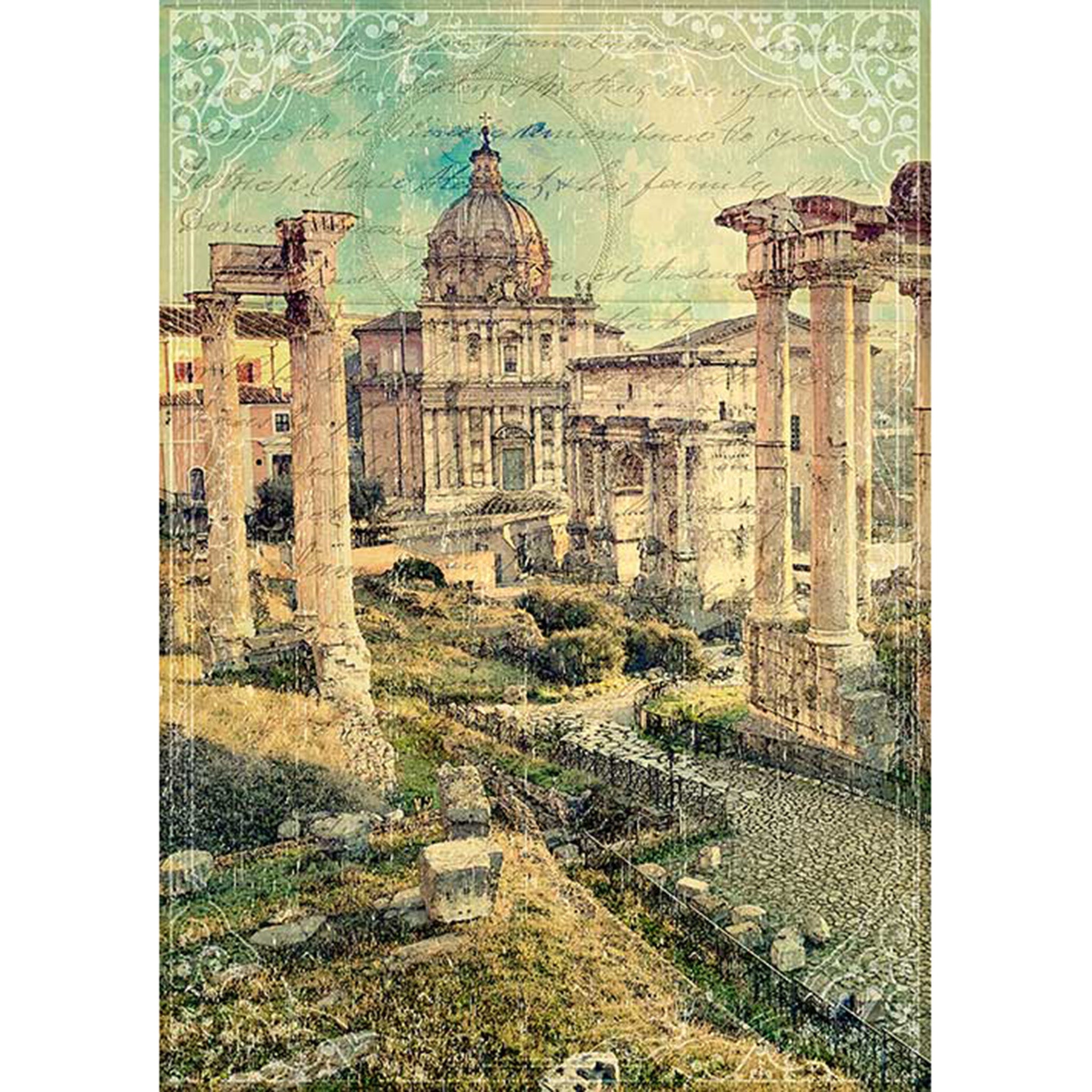 Rice paper design featuring a vintage document background adorned with a stunning ancient Roman scene. White borders are on the sides.