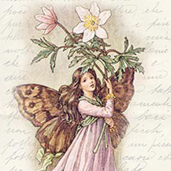 Fairy holding flowers with vintage text background
