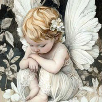 Close-up of 'Angel in Bloom' decoupage paper by Paper Designs Italy, featuring a sleeping cherub-like angel with soft blonde curls and white feathered wings, resting among light-colored blossoms with a floral clip in her hair.