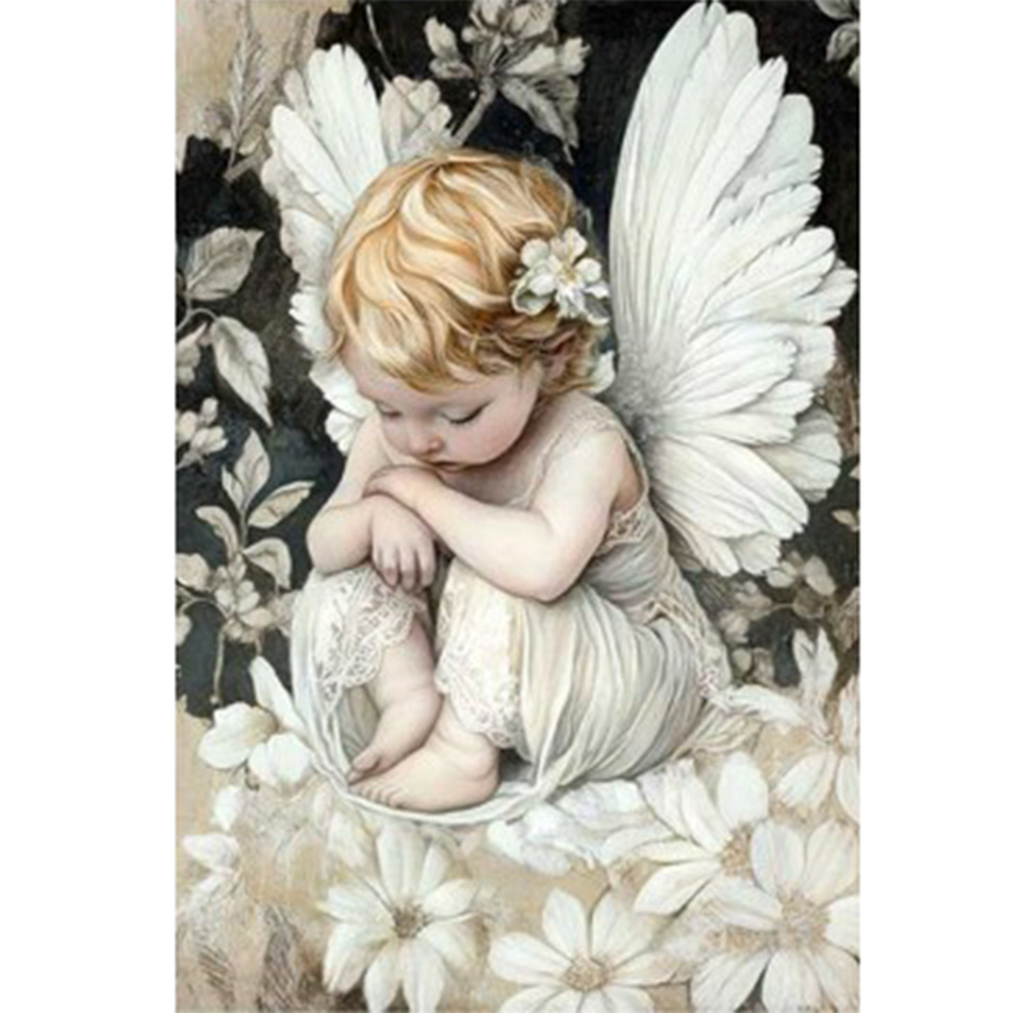 Full sheet of 'Angel in Bloom' decoupage paper from Paper Designs Italy, showcasing a peaceful child angel in a white lace dress, seated among large ivory flowers with detailed wings and a flower tucked behind her ear. Background features a soft, vintage floral pattern.