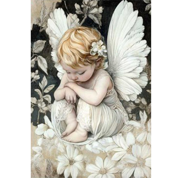 Full sheet of 'Angel in Bloom' decoupage paper from Paper Designs Italy, showcasing a peaceful child angel in a white lace dress, seated among large ivory flowers with detailed wings and a flower tucked behind her ear. Background features a soft, vintage floral pattern.