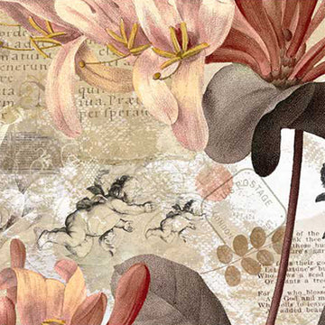 Close-up of a rice paper featuring vintage documents with large blush and mauve flowers, surrounded by charming cherub sketches.
