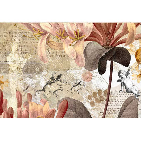 Rice paper featuring vintage documents with large blush and mauve flowers, surrounded by charming cherub sketches.