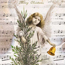 Close-up of a rice paper featuring a golden-haired angel hovering behind a Christmas tree against a backdrop of sheet music.