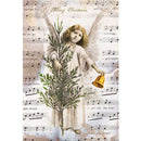 Rice paper featuring a golden-haired angel hovering behind a Christmas tree against a backdrop of sheet music.