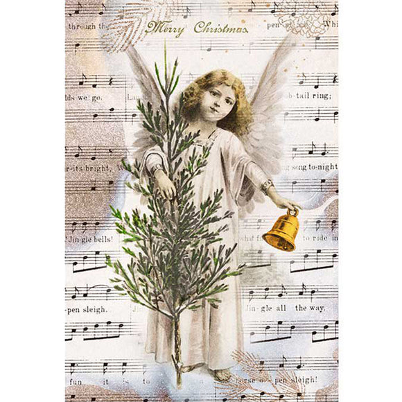 Rice paper featuring a golden-haired angel hovering behind a Christmas tree against a backdrop of sheet music.