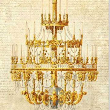 Close-up of a rice paper featuring an ornate gold chandelier design, hanging in front of a creamy vintage document with faded writing.