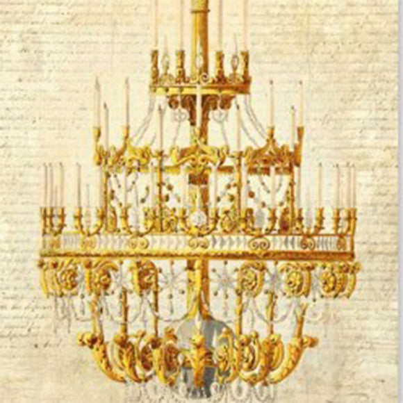 Close-up of a rice paper featuring an ornate gold chandelier design, hanging in front of a creamy vintage document with faded writing.