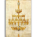 Rice paper featuring an ornate gold chandelier design, hanging in front of a creamy vintage document with faded writing.