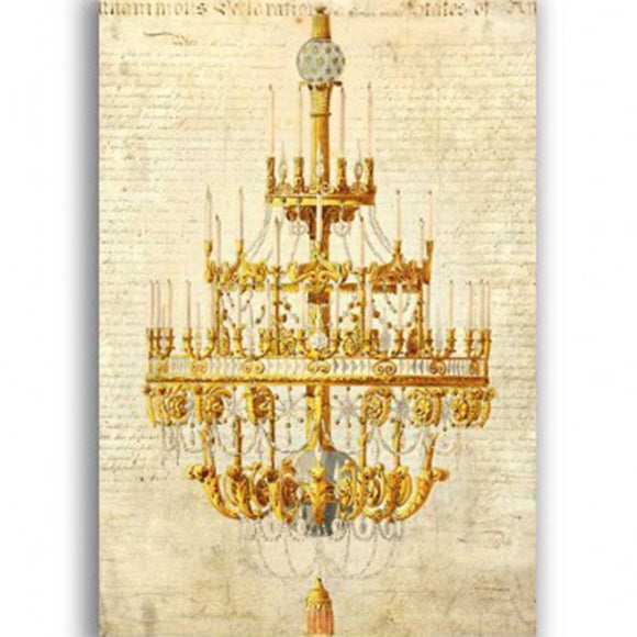 Rice paper featuring an ornate gold chandelier design, hanging in front of a creamy vintage document with faded writing.