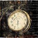 Close-up of a rice paper featuring an ornate clock design against a distressed black background with gold script.