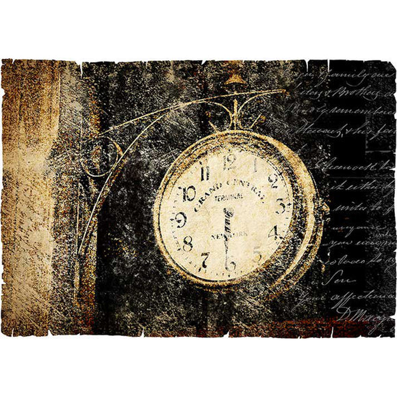 Rice paper featuring an ornate clock design against a distressed black background with gold script.