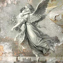 Close-up of a rice paper featuring an angel carrying a child over a town against a gray background.