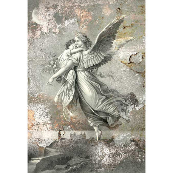Rice paper featuring an angel carrying a child over a town against a gray background.
