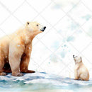 Closeup of a rice paper featuring a polar bear and its cub on a snowy shore.