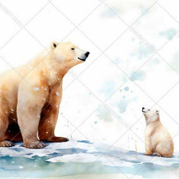 Closeup of a rice paper featuring a polar bear and its cub on a snowy shore.