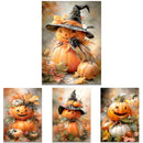 Set of four Halloween-themed pumpkin illustrations with decorative elements.