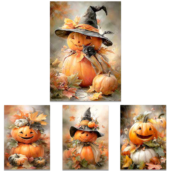 Set of four Halloween-themed pumpkin illustrations with decorative elements.