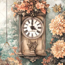Close-up of a rice paper featuring a charming small wall clock against a forest and peach flower backdrop.