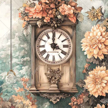 Close-up of a rice paper featuring a charming small wall clock against a forest and peach flower backdrop.