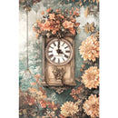 Rice paper featuring a charming small wall clock against a forest and peach flower backdrop.