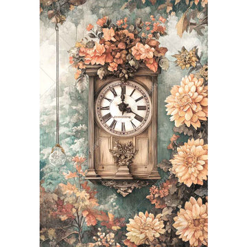 Rice paper featuring a charming small wall clock against a forest and peach flower backdrop.