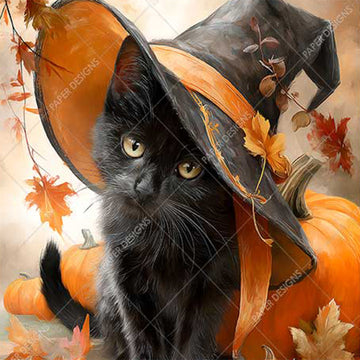 Black cat in a witch hat with pumpkins and autumn leaves