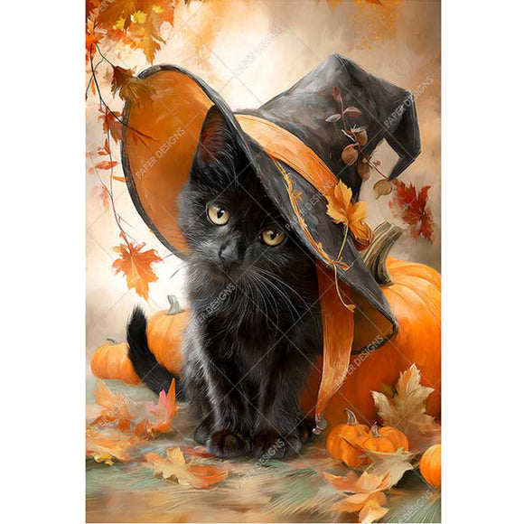Black cat in a witch hat with pumpkins and autumn leaves