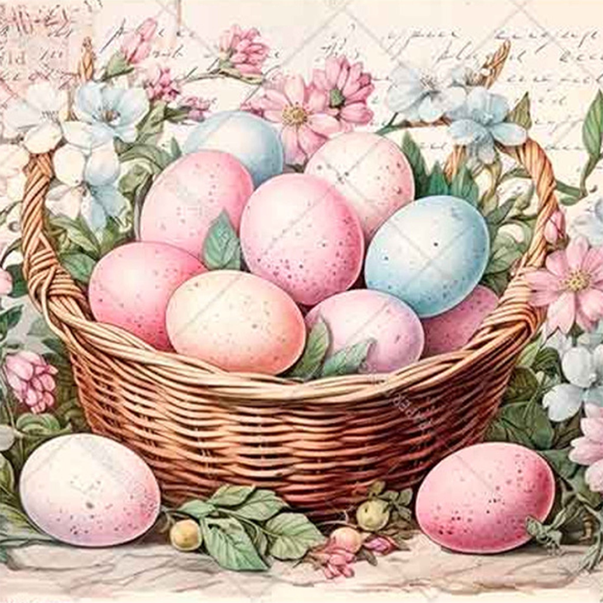 Close-up of a rice paper design featuring pastel Easter eggs in a wicker basket with soft pink and blue flowers are against a vintage script note background.