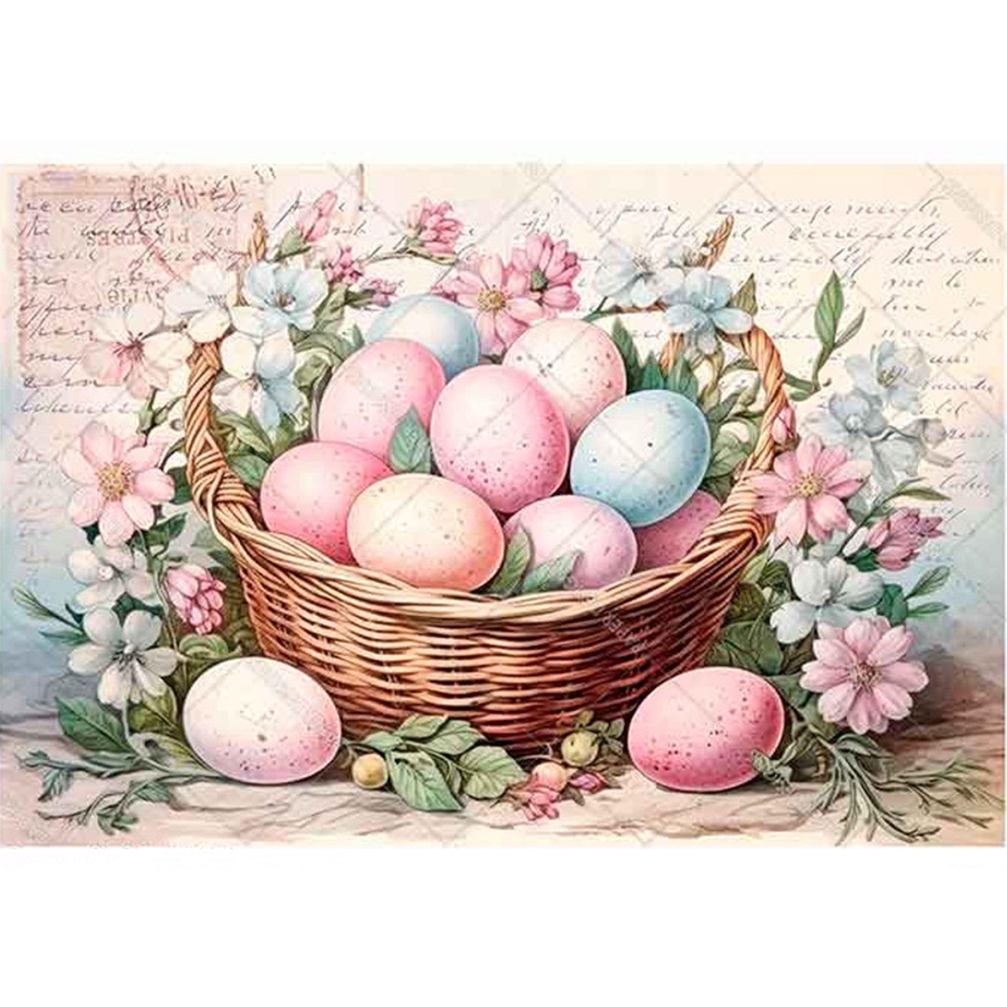 Rice paper design featuring pastel Easter eggs in a wicker basket with soft pink and blue flowers are against a vintage script note background. White borders are on the top and bottom.