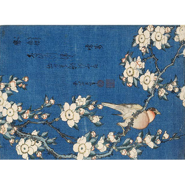 Rice paper featuring a cloth texture that features a charming blue background with Japanese writing and a bird perched on a blooming branch.