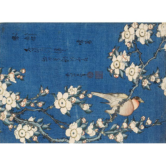 Rice paper featuring a cloth texture that features a charming blue background with Japanese writing and a bird perched on a blooming branch.