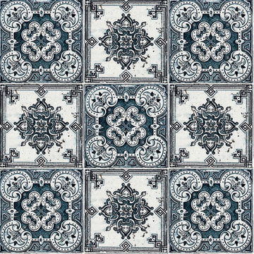 Close-up of a rice paper featuring  a charming repeating pattern of 2 styles of blue and white tiles. 