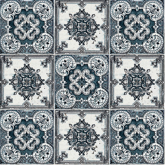 Close-up of a rice paper featuring  a charming repeating pattern of 2 styles of blue and white tiles. 