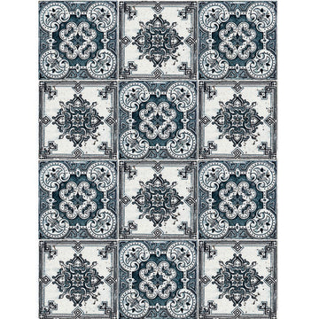 Rice paper featuring  a charming repeating pattern of 2 styles of blue and white tiles. 