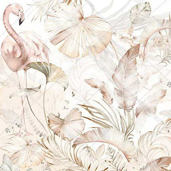 Close-up of a rice paper featuring soft pink watercolors of flamingos and tropical plants.